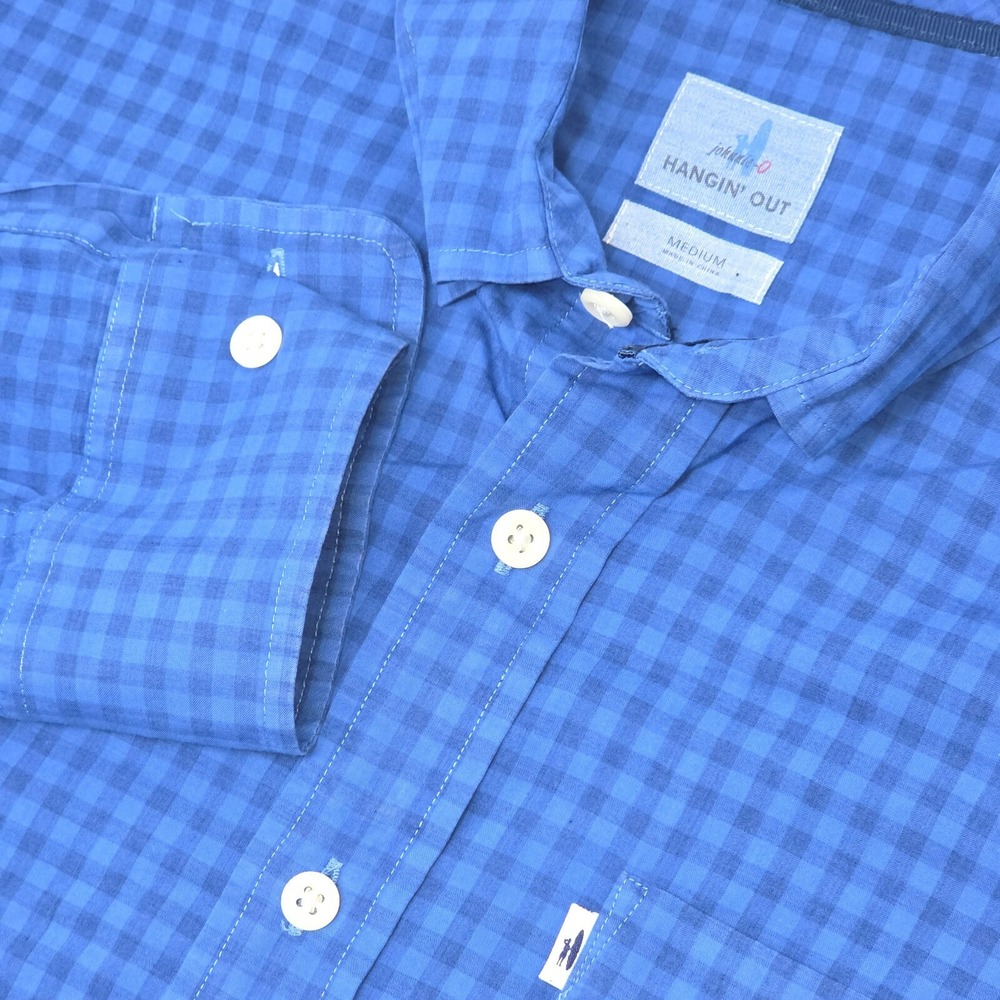 Johnnie-O Hangin' Out Shirt Mens Medium Deep Water Blue Check Long Sleeve Casual
